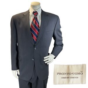 Pronto Uomo Men 2pc Suit Jacket Pants 46S 38x27 Navy Blue Wool Comfort Stretch